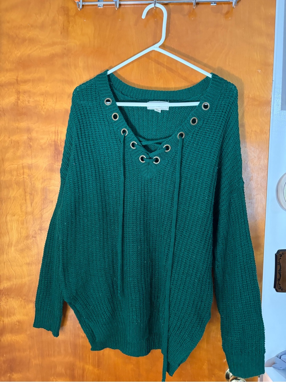 Forest Green Lace-Up V-Neck Knit Sweater